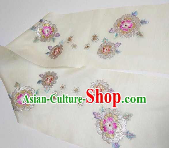 Asian Chinese Traditional Embroidered Camellia Pattern Design White Silk Fabric China Hanfu Silk Material