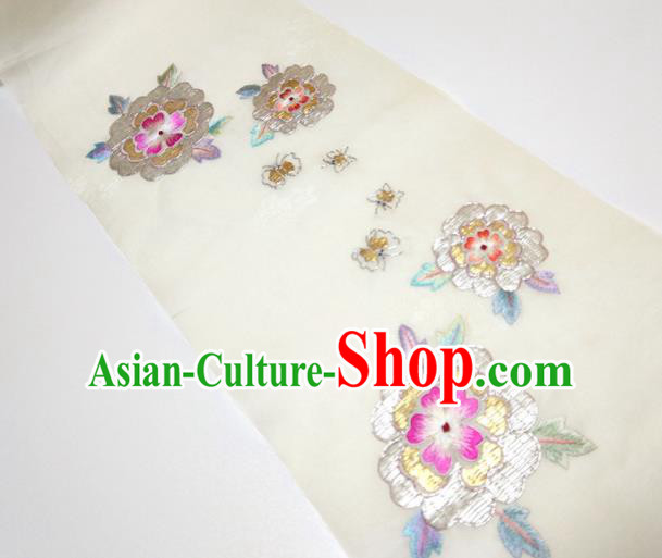 Asian Chinese Traditional Embroidered Camellia Pattern Design White Silk Fabric China Hanfu Silk Material