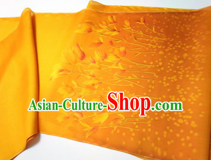 Asian Chinese Traditional Tulip Pattern Design Orange Brocade Silk Fabric China Hanfu Satin Material