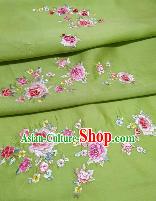 Chinese Traditional Embroidered Roses Pattern Design Green Silk Fabric Asian China Hanfu Silk Material