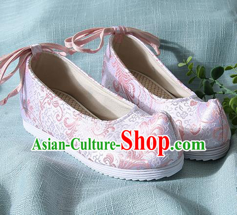 Chinese Handmade Pink Brocade Bow Shoes Traditional Ming Dynasty Hanfu Shoes Princess Shoes for Women