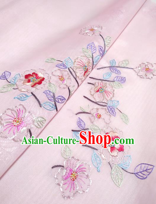 Chinese Traditional Embroidered Flowers Pattern Design Pink Silk Fabric Asian China Hanfu Silk Material