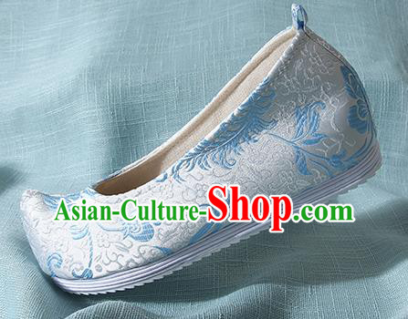 Chinese Handmade Blue Brocade Bow Shoes Traditional Ming Dynasty Hanfu Shoes Princess Shoes for Women