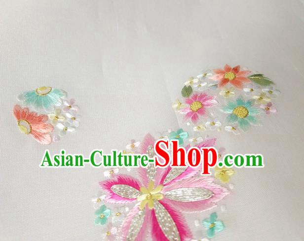Chinese Traditional Embroidered Flowers Pattern Design White Silk Fabric Asian China Hanfu Silk Material