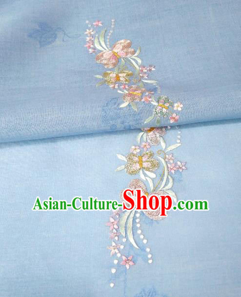 Chinese Traditional Embroidered Butterfly Pattern Design Blue Silk Fabric Asian China Hanfu Silk Material