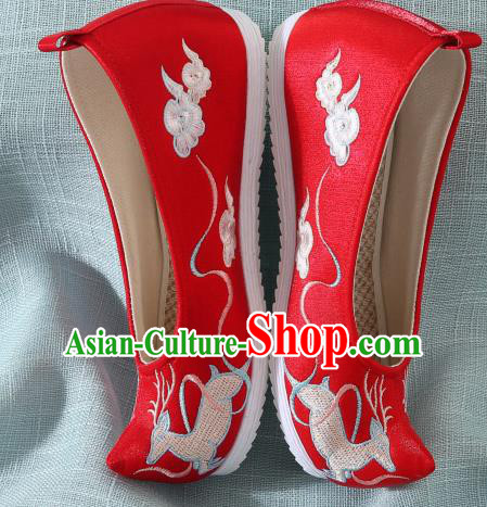 Chinese Handmade Embroidered Deer Red Bow Shoes Traditional Ming Dynasty Hanfu Shoes Princess Shoes for Women