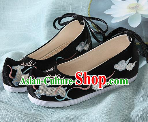Chinese Handmade Embroidered Deer Black Bow Shoes Traditional Ming Dynasty Hanfu Shoes Princess Shoes for Women