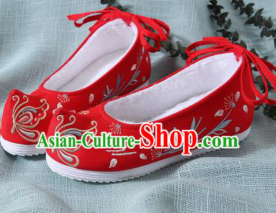 Chinese Handmade Embroidered Butterfly Red Shoes Traditional Ming Dynasty Hanfu Shoes Princess Shoes for Women
