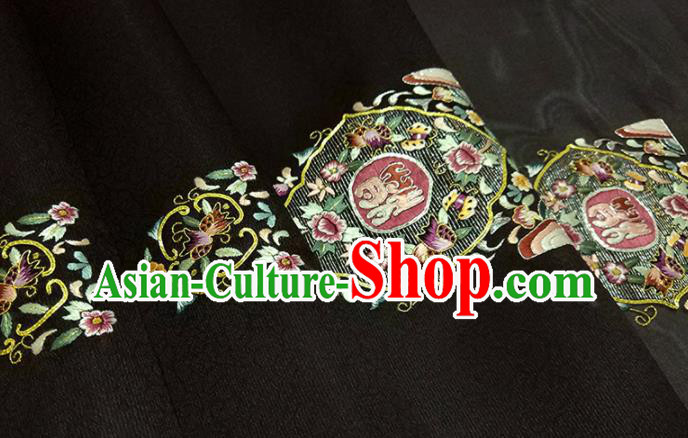 Chinese Traditional Embroidered Flowers Pattern Design Black Silk Fabric Asian China Hanfu Silk Material