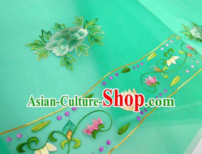 Chinese Traditional Embroidered Peony Pattern Design Green Silk Fabric Asian China Hanfu Silk Material