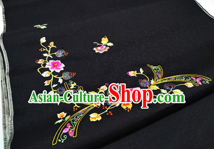 Chinese Traditional Embroidered Rosy Flowers Pattern Design Black Silk Fabric Asian China Hanfu Silk Material