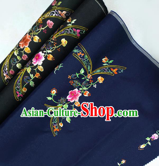 Chinese Traditional Embroidered Flowers Pattern Design Navy Silk Fabric Asian China Hanfu Silk Material