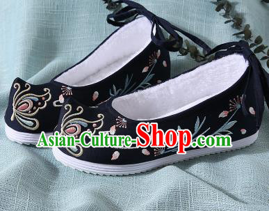 Chinese Handmade Embroidered Butterfly Black Shoes Traditional Ming Dynasty Hanfu Shoes Princess Shoes for Women