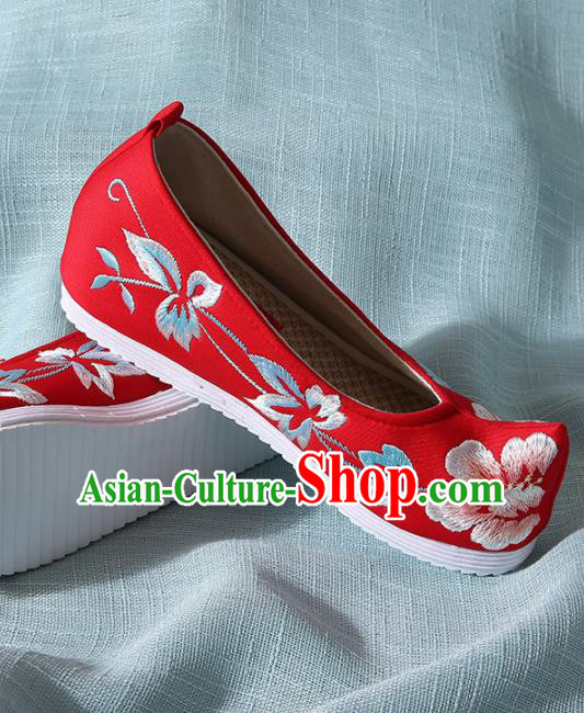 Chinese Handmade Embroidered Peony Red Bow Shoes Traditional Ming Dynasty Hanfu Shoes Princess Shoes for Women