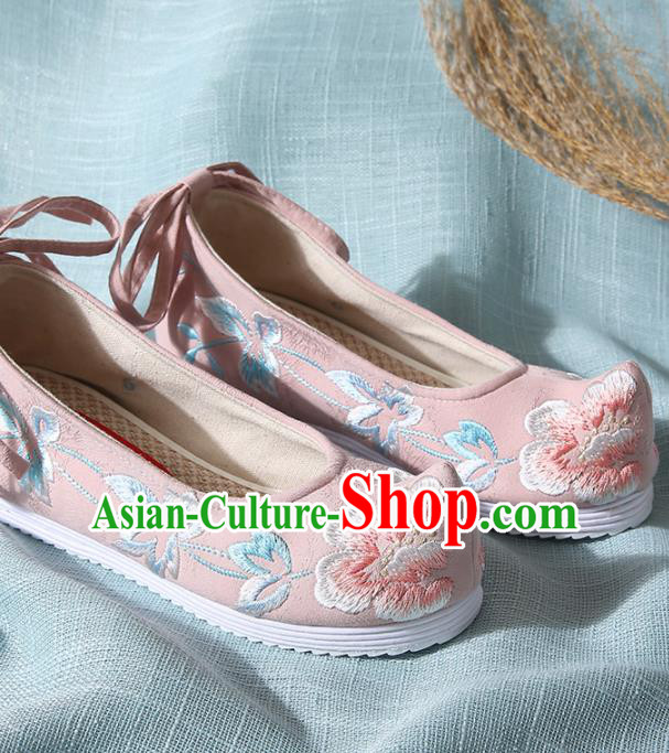 Chinese Handmade Embroidered Peony Pink Bow Shoes Traditional Ming Dynasty Hanfu Shoes Princess Shoes for Women