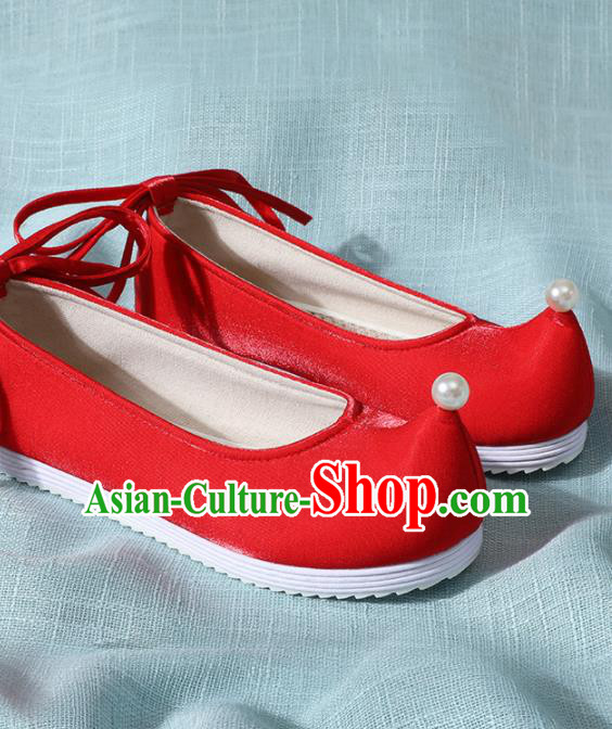 Chinese Handmade Pearl Red Shoes Traditional Ming Dynasty Hanfu Shoes Princess Shoes for Women