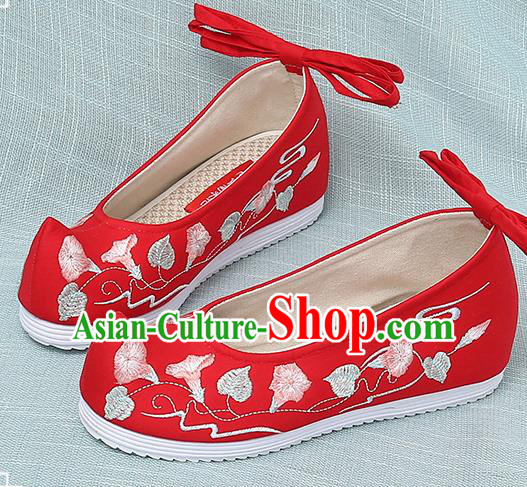 Chinese Handmade Embroidered Petunia Red Bow Shoes Traditional Ming Dynasty Hanfu Shoes Princess Shoes for Women