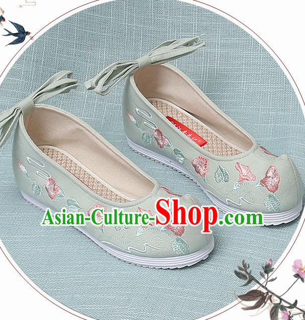 Chinese Handmade Embroidered Petunia Green Bow Shoes Traditional Ming Dynasty Hanfu Shoes Princess Shoes for Women