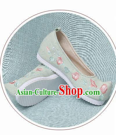 Chinese Handmade Embroidered Petunia Green Bow Shoes Traditional Ming Dynasty Hanfu Shoes Princess Shoes for Women