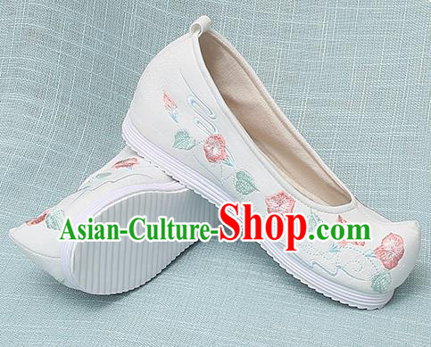Chinese Handmade Embroidered Petunia White Bow Shoes Traditional Ming Dynasty Hanfu Shoes Princess Shoes for Women