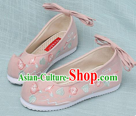 Chinese Handmade Embroidered Petunia Pink Bow Shoes Traditional Ming Dynasty Hanfu Shoes Princess Shoes for Women