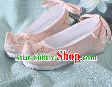 Chinese Handmade Embroidered Dragon Pink Bow Shoes Traditional Ming Dynasty Hanfu Shoes Princess Shoes for Women