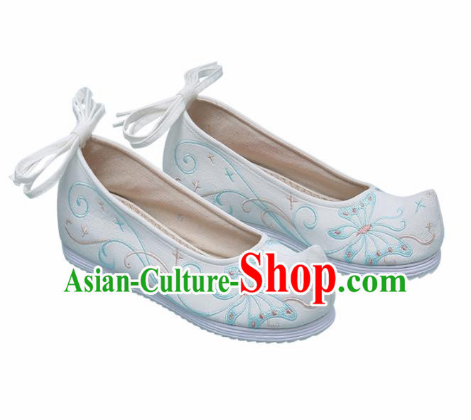 Chinese Handmade Embroidered Butterfly White Bow Shoes Traditional Ming Dynasty Hanfu Shoes Princess Shoes for Women