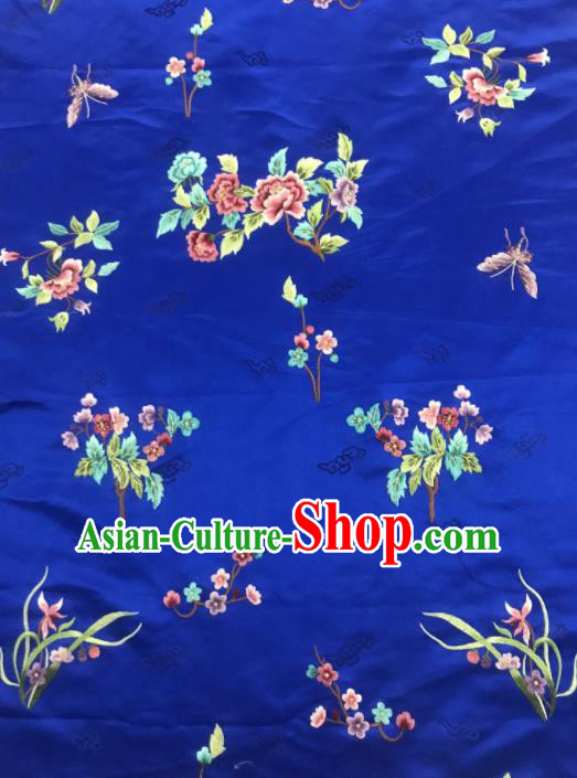 Chinese Traditional Embroidered Orchid Peony Pattern Design Royalblue Silk Fabric Asian China Hanfu Silk Material
