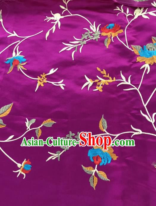 Chinese Traditional Embroidered Vine Flowers Pattern Design Purple Silk Fabric Asian China Hanfu Silk Material
