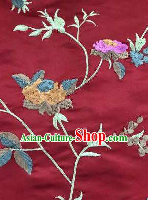 Chinese Traditional Embroidered Vine Flowers Pattern Design Purplish Red Silk Fabric Asian China Hanfu Silk Material