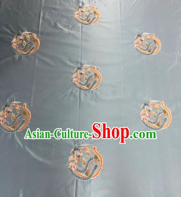 Chinese Traditional Embroidered Round Phoenix Pattern Design Light Blue Silk Fabric Asian China Hanfu Silk Material