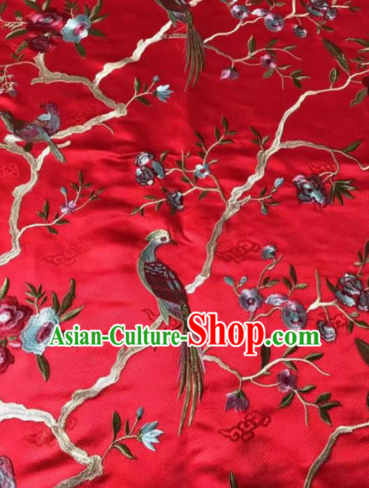 Chinese Traditional Embroidered Flowers Birds Pattern Design Red Silk Fabric Asian China Hanfu Silk Material