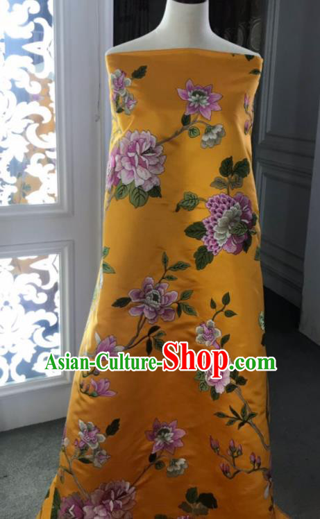 Chinese Traditional Embroidered Peony Pattern Design Yellow Silk Fabric Asian China Hanfu Silk Material