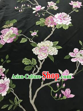 Chinese Traditional Embroidered Peony Pattern Design Black Silk Fabric Asian China Hanfu Silk Material