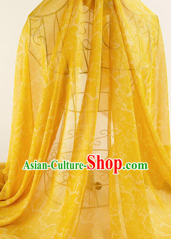 Chinese Traditional Plum Blossom Pattern Design Yellow Chiffon Fabric Asian Satin China Hanfu Material