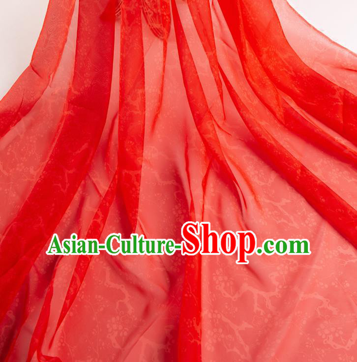 Chinese Traditional Plum Pattern Design Red Chiffon Fabric Asian Satin China Hanfu Material