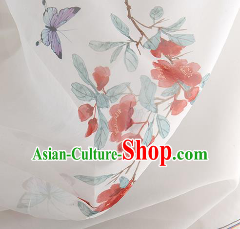Chinese Traditional Printing Butterfly Flowers Pattern Design White Chiffon Fabric Asian China Hanfu Material