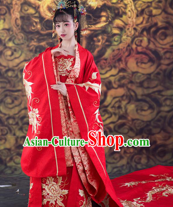 Chinese Traditional Wedding Red Dress Ancient Tang Dynasty Court Princess Costumes and Headpiece for Women