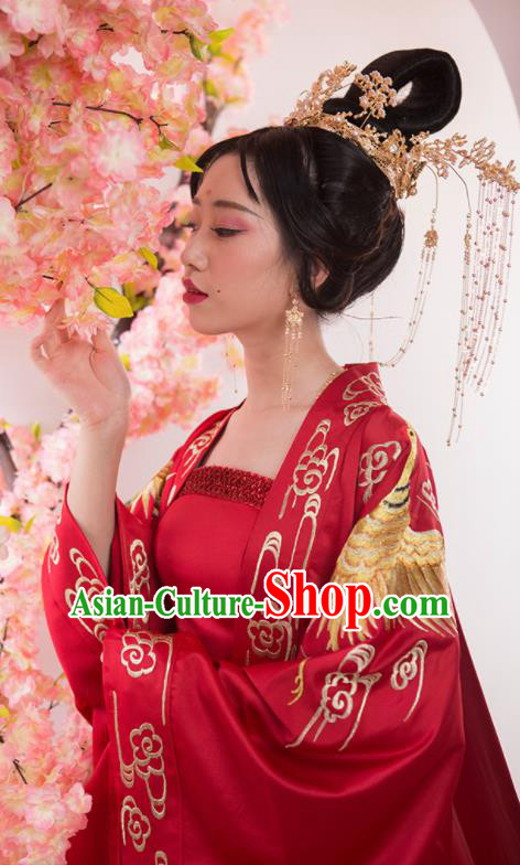 Chinese Traditional Tang Dynasty Wedding Embroidered Red Dress Ancient Princess Costumes for Women