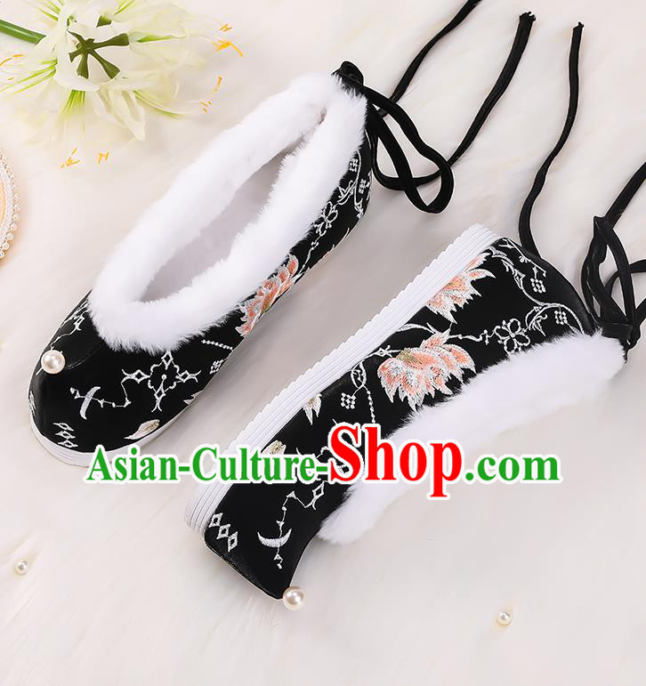 Asian Chinese Winter Shoes Embroidered Black Bow Shoes Traditional Opera Shoes Hanfu Shoes for Women