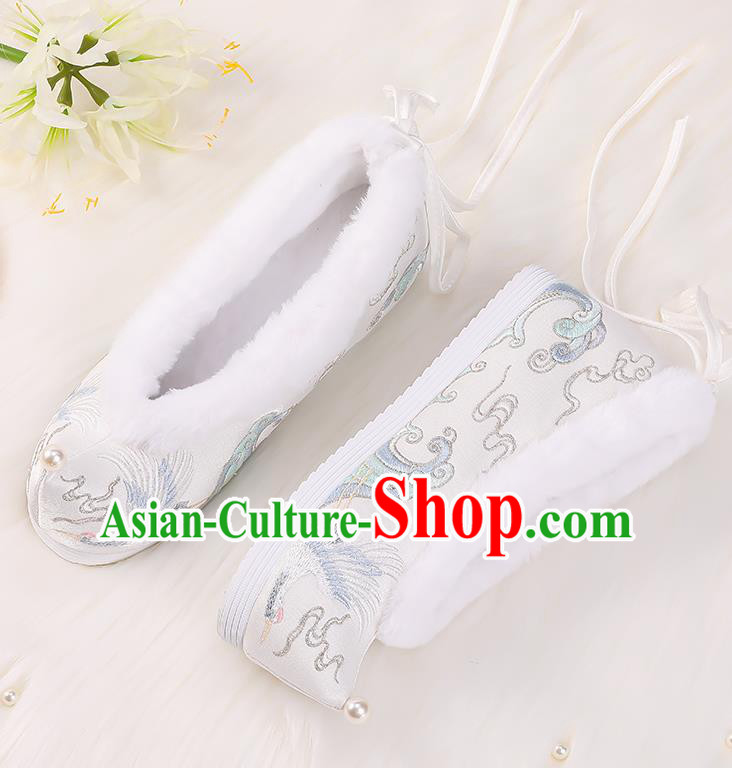 Asian Chinese Winter Shoes Embroidered Crane White Shoes Traditional Opera Shoes Hanfu Shoes for Women