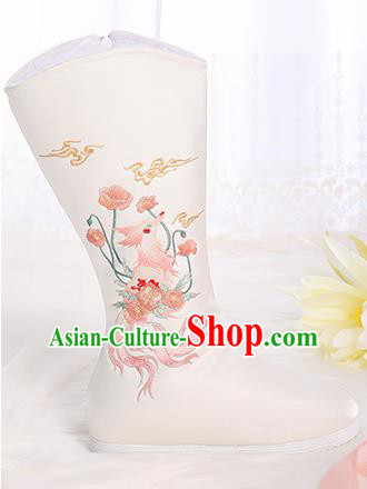 Asian Chinese White Embroidered Fox Boots Traditional Opera Boots Hanfu Shoes for Women