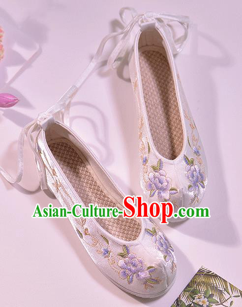 Asian Chinese Satin Shoes Embroidered Purple Peony Shoes Traditional Opera Shoes Hanfu Shoes for Women