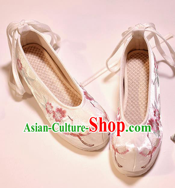 Asian Chinese Embroidered Crane Flowers White Shoes Hanfu Shoes Traditional Opera Shoes Princess Shoes for Women