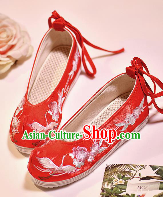 Asian Chinese Embroidered Crane Flowers Red Shoes Hanfu Shoes Traditional Opera Shoes Princess Shoes for Women