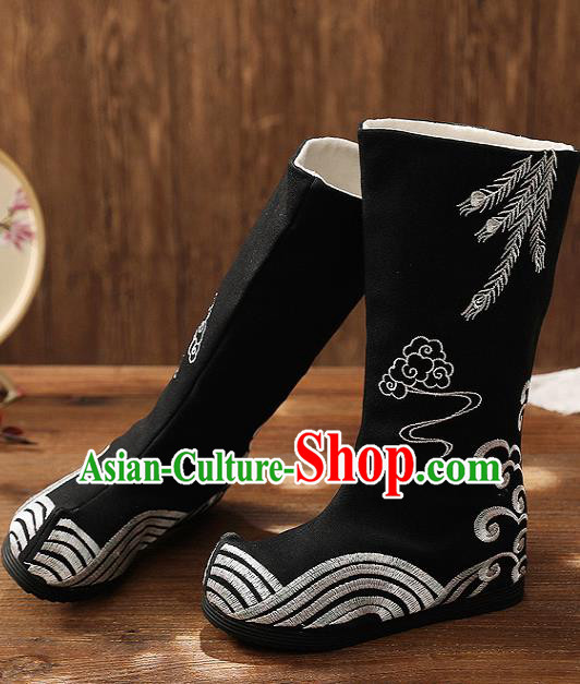 Asian Chinese Black Embroidered Boots Traditional Opera Boots Hanfu Shoes for Women