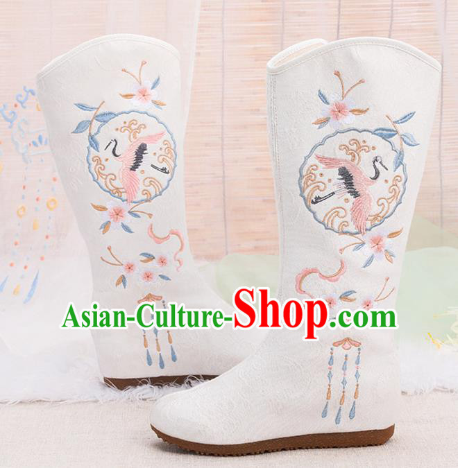 Asian Chinese Embroidered Crane White Boots Traditional Opera Boots Hanfu Shoes for Women