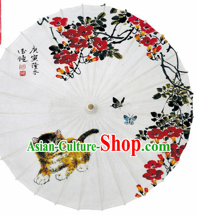 Chinese Traditional Printing Cat Flowers Oil Paper Umbrella Artware Paper Umbrella Classical Dance Umbrella Handmade Umbrellas