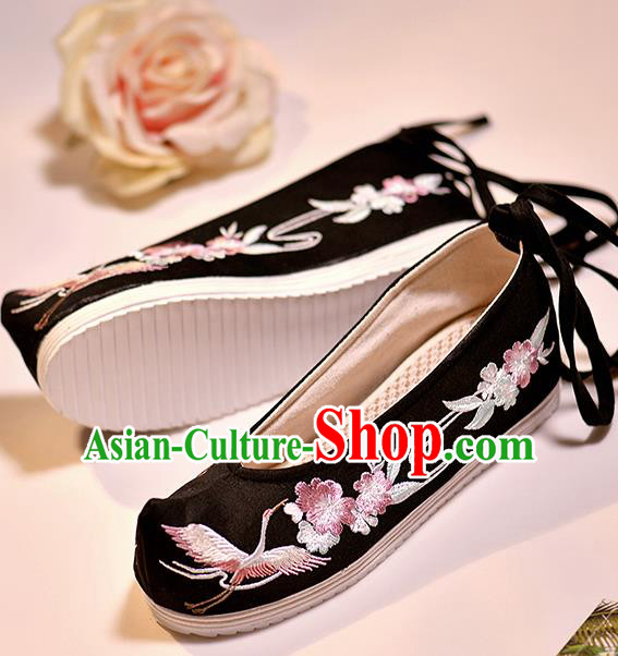 Asian Chinese Embroidered Crane Flowers Black Shoes Hanfu Shoes Traditional Opera Shoes Princess Shoes for Women