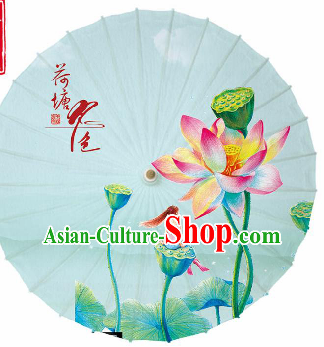 Chinese Traditional Printing Lotus Green Oil Paper Umbrella Artware Paper Umbrella Classical Dance Umbrella Handmade Umbrellas